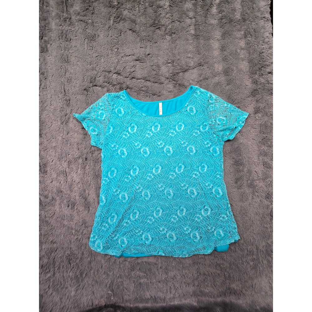 Leo‎ & Nicole Womens Turquoise Blue Lace Overlay Short Sleeve Top Large